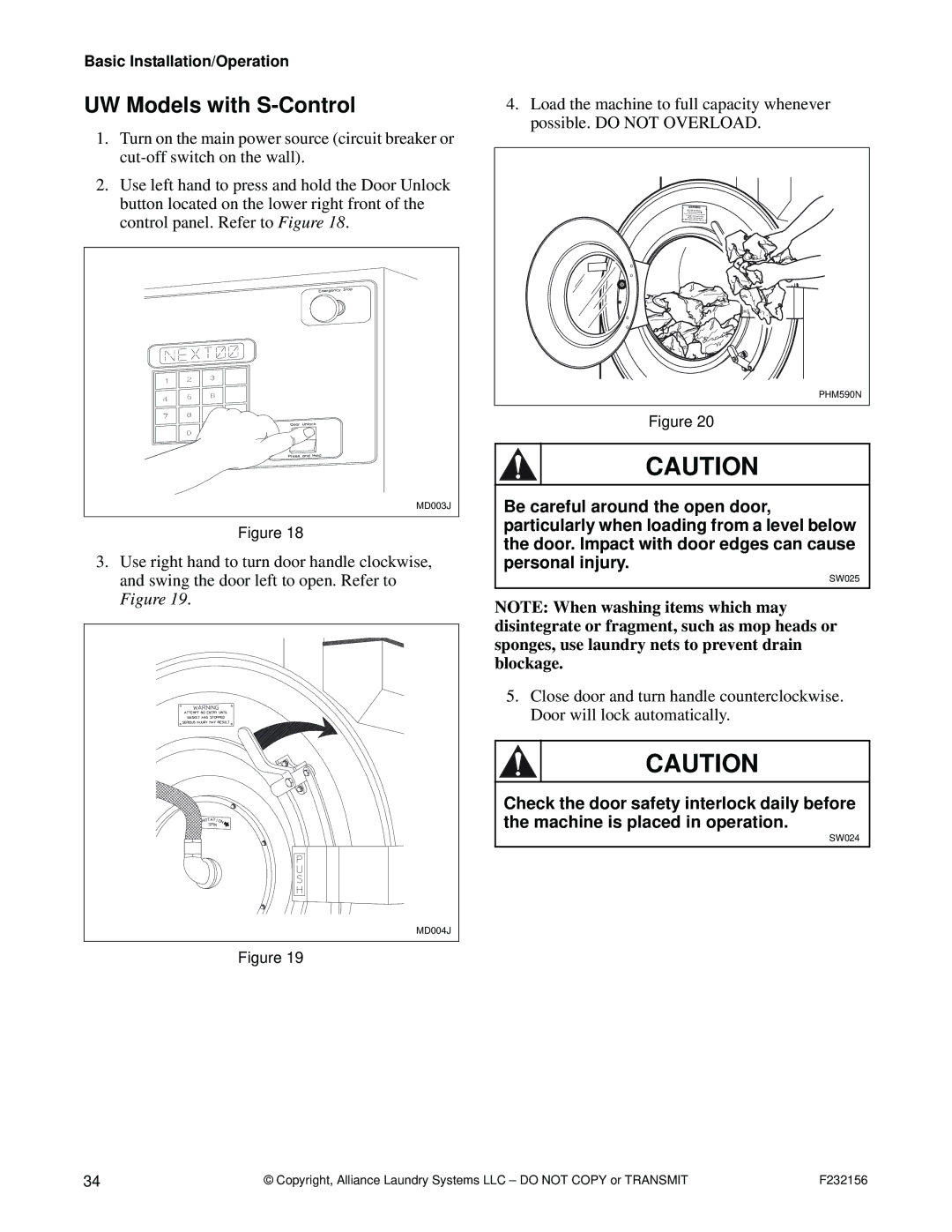 Alliance Laundry Systems P232156R9 manual UW Models with S-Control 