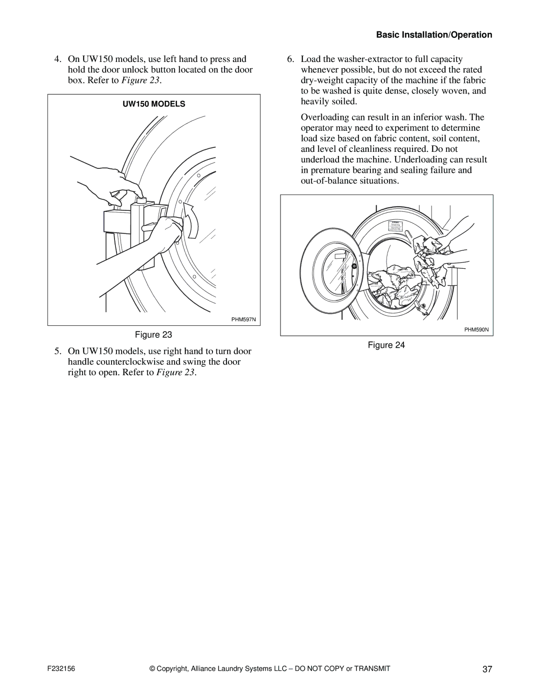 Alliance Laundry Systems P232156R9 manual UW150 Models 