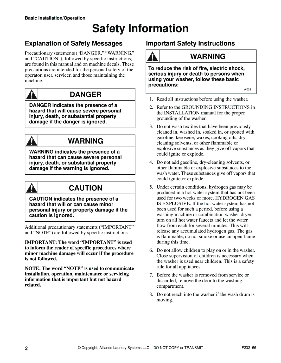 Alliance Laundry Systems P232156R9 manual Explanation of Safety Messages, Important Safety Instructions 