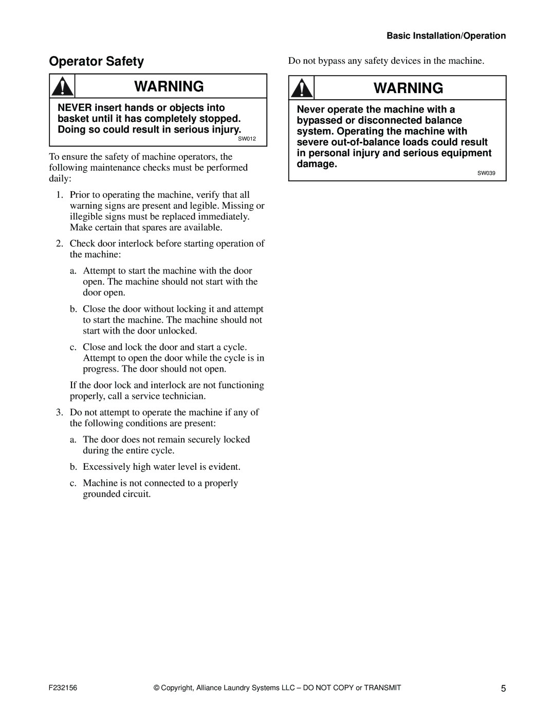 Alliance Laundry Systems P232156R9 manual Operator Safety 