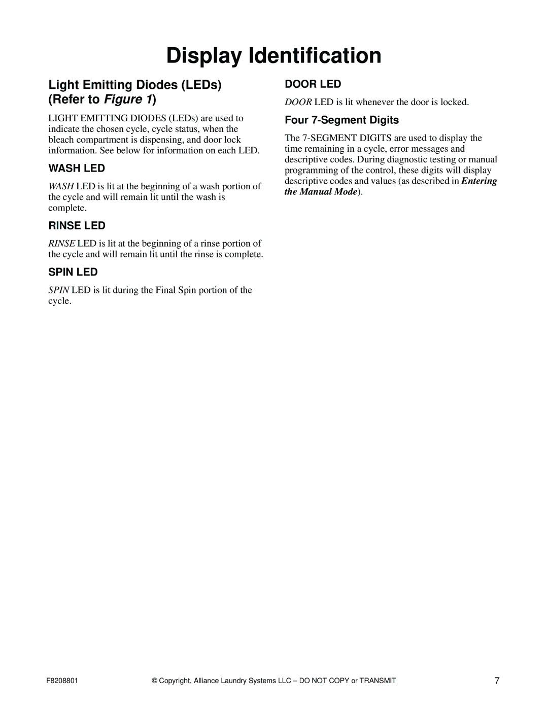 Alliance Laundry Systems PHM1263R manual Display Identification, Light Emitting Diodes LEDs Refer to Figure 