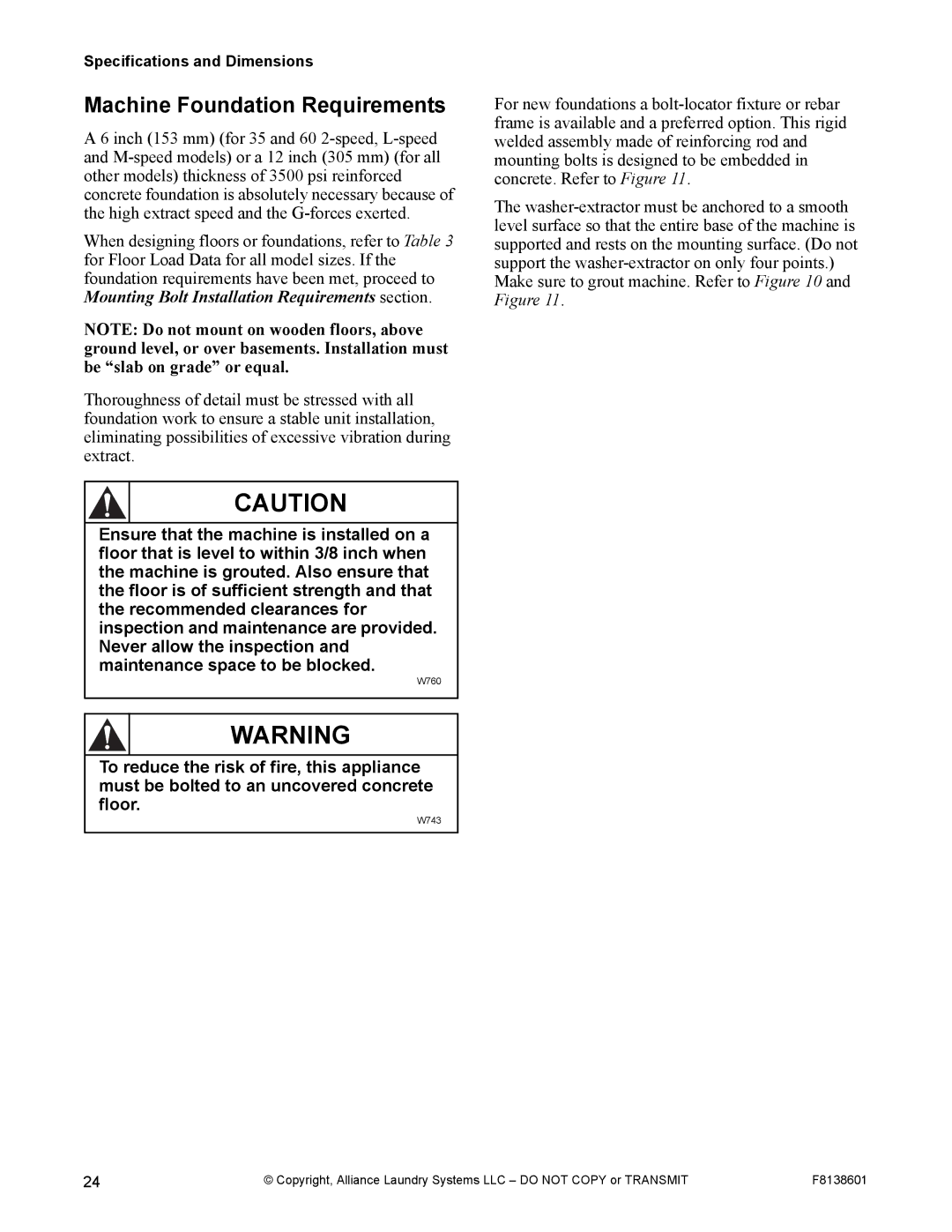 Alliance Laundry Systems PHM802N, PHM798N manual Machine Foundation Requirements 