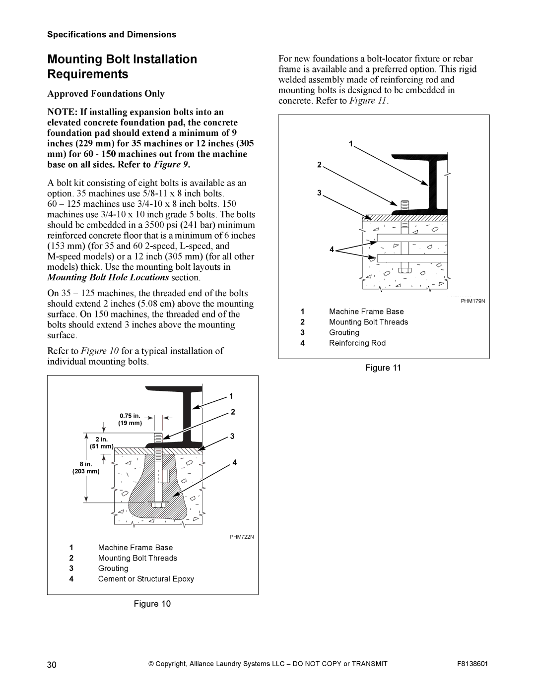 Alliance Laundry Systems PHM802N, PHM798N manual Mounting Bolt Installation Requirements, Specifications and Dimensions 