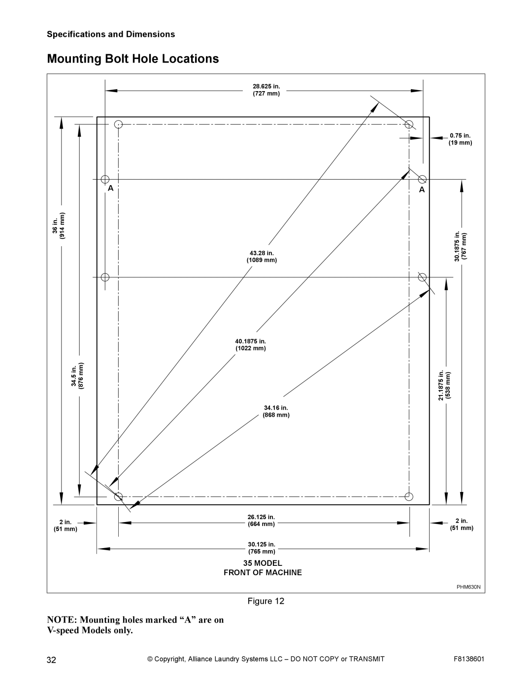 Alliance Laundry Systems PHM802N, PHM798N manual Mounting Bolt Hole Locations, Speed Models only 