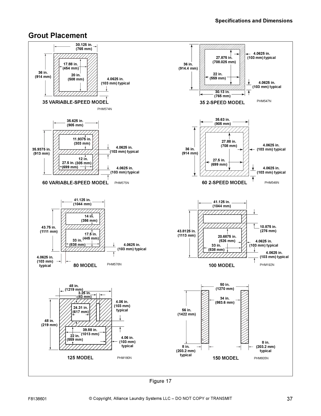 Alliance Laundry Systems PHM798N, PHM802N manual Grout Placement, 35 2-SPEED Model 