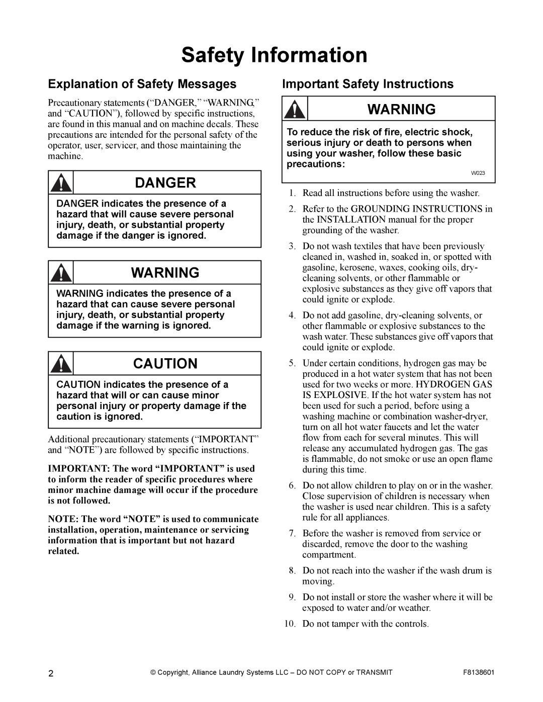 Alliance Laundry Systems PHM802N, PHM798N manual Explanation of Safety Messages, Important Safety Instructions 