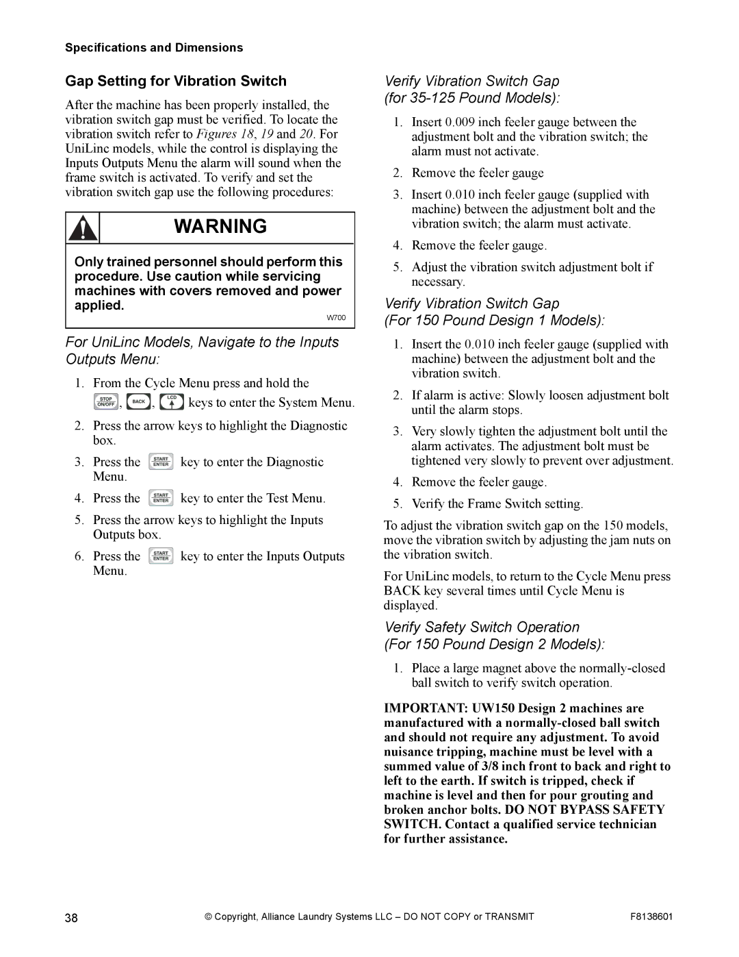 Alliance Laundry Systems PHM802N Gap Setting for Vibration Switch, For UniLinc Models, Navigate to the Inputs Outputs Menu 