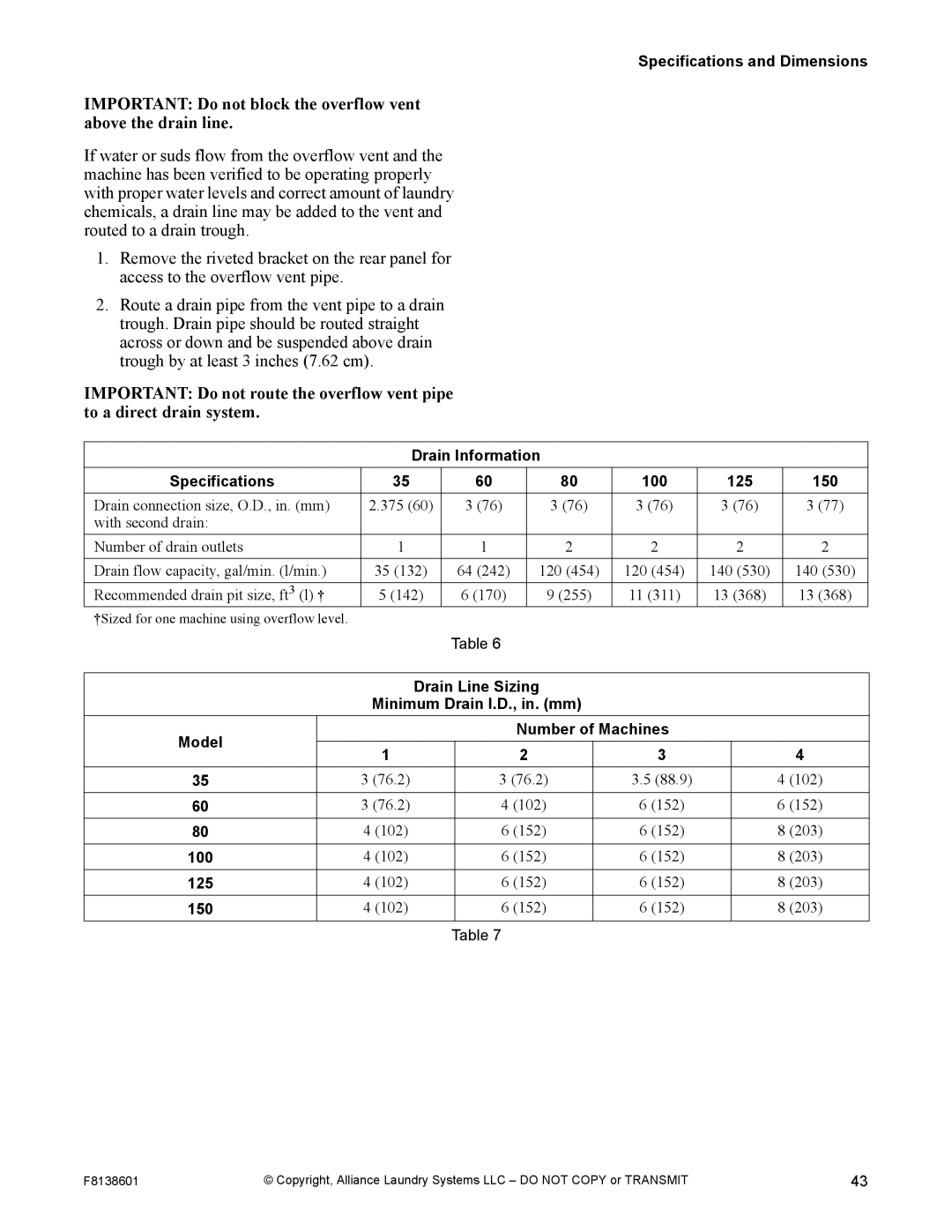 Alliance Laundry Systems PHM798N, PHM802N manual Drain Information Specifications 100 125 150 