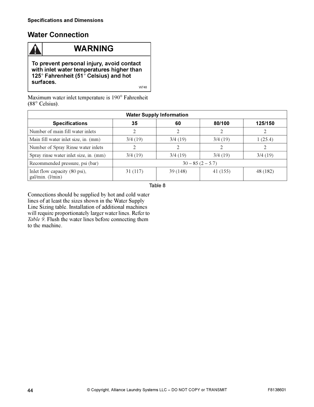 Alliance Laundry Systems PHM802N, PHM798N manual Water Connection, Water Supply Information Specifications 80/100 125/150 