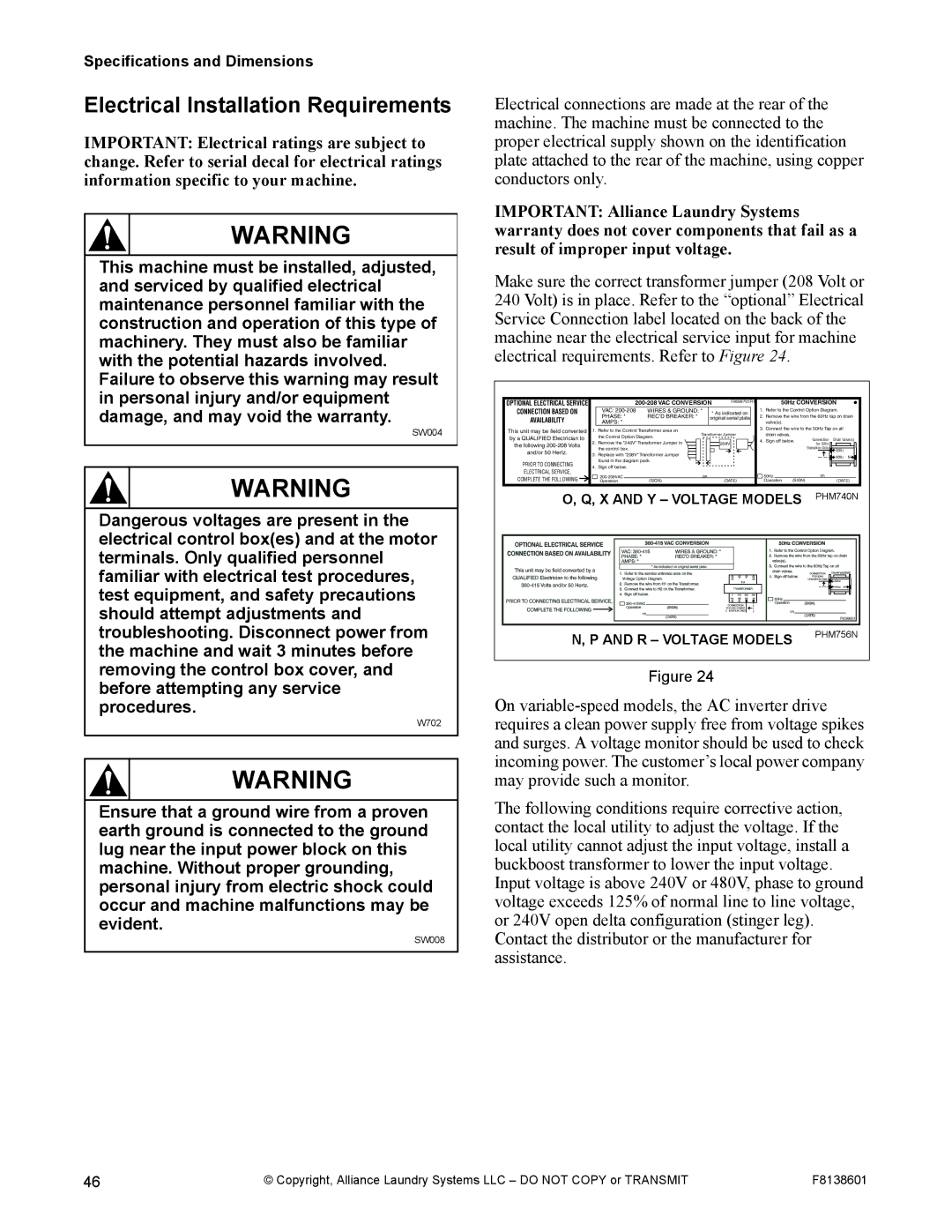 Alliance Laundry Systems PHM802N, PHM798N manual Electrical Installation Requirements, 50Hz Conversion 