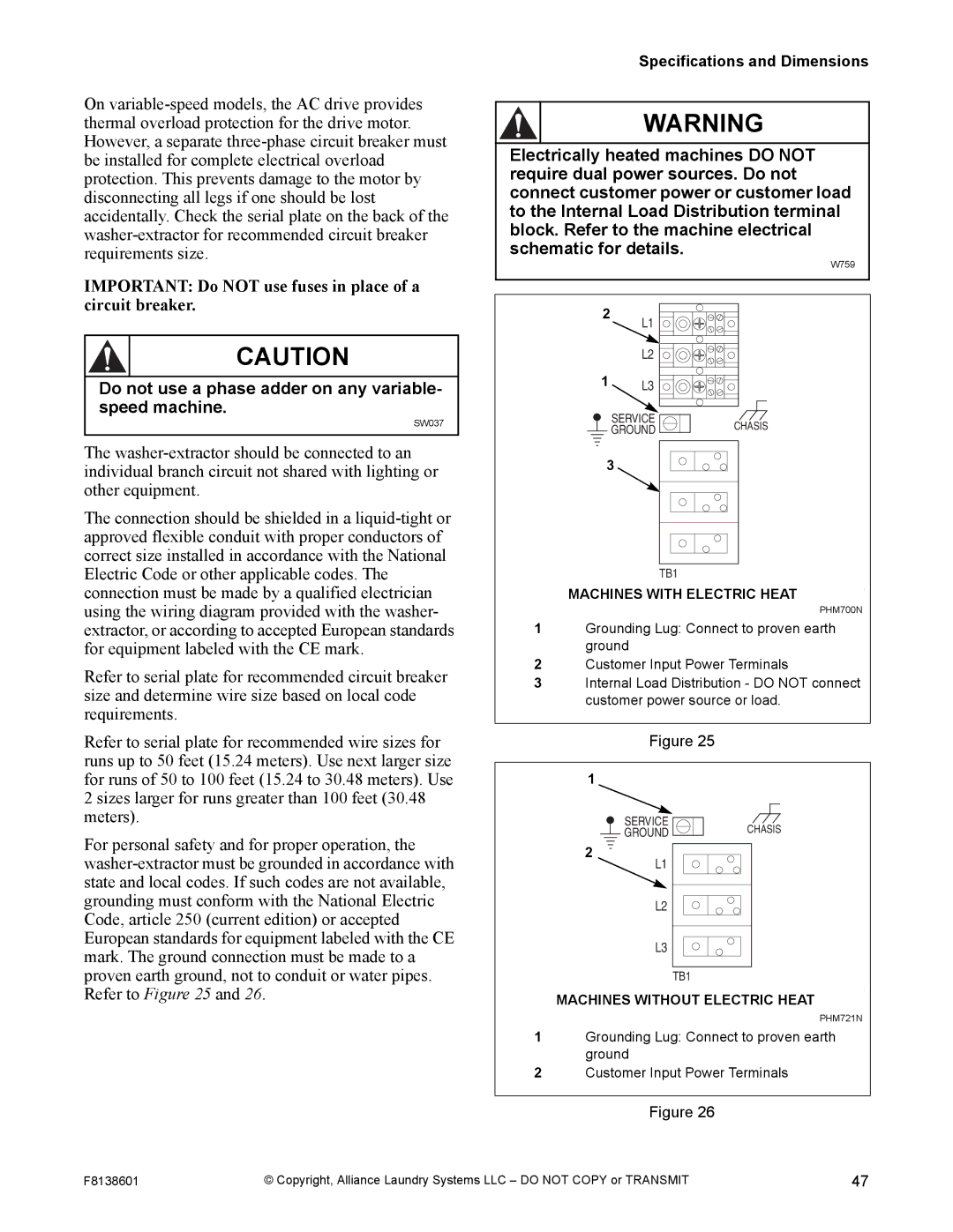 Alliance Laundry Systems PHM798N, PHM802N manual Do not use a phase adder on any variable- speed machine 