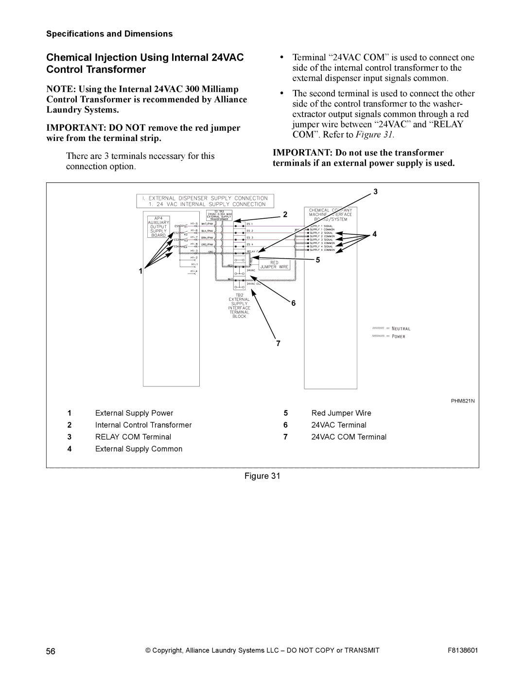 Alliance Laundry Systems PHM802N, PHM798N manual Chemical Injection Using Internal 24VAC Control Transformer 