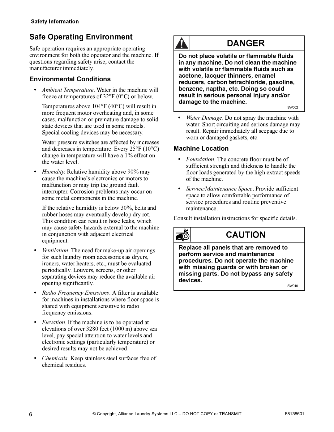 Alliance Laundry Systems PHM802N, PHM798N manual Safe Operating Environment, Environmental Conditions, Machine Location 