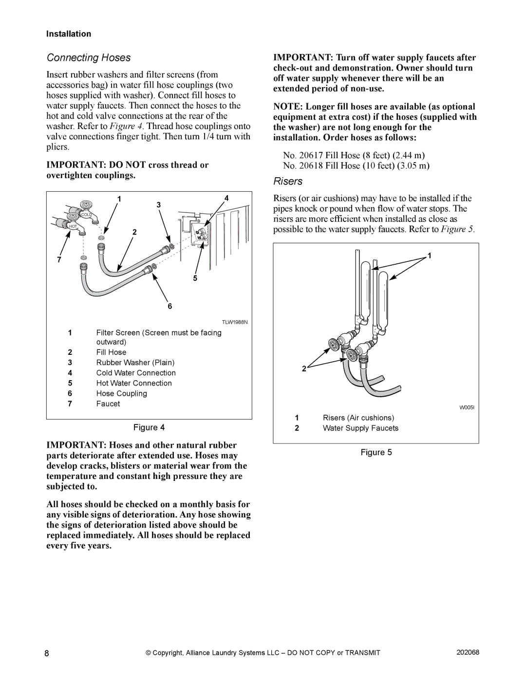 Alliance Laundry Systems TLW12CTLW12C manual Connecting Hoses, Risers 