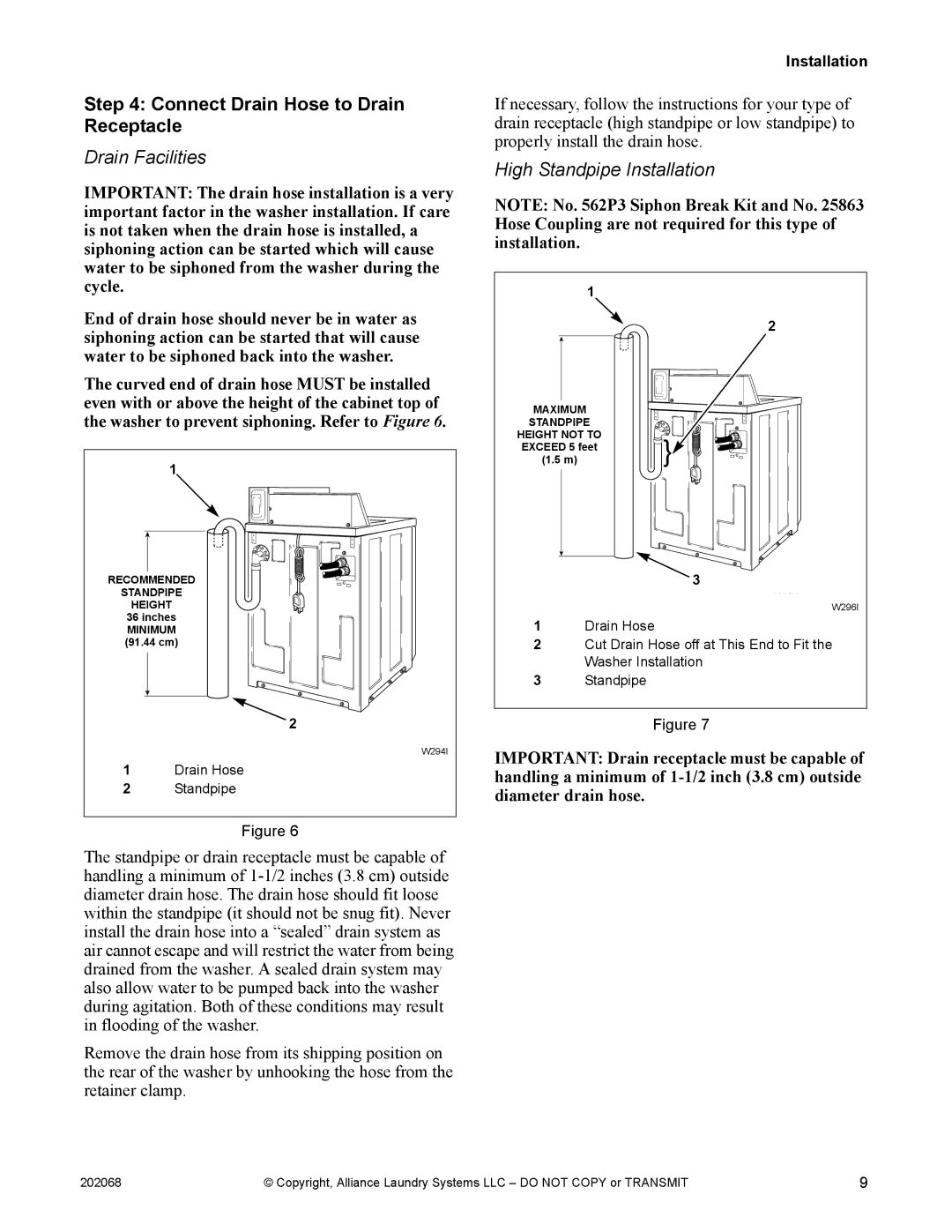 Alliance Laundry Systems TLW12CTLW12C manual Connect Drain Hose to Drain Receptacle, Drain Facilities 