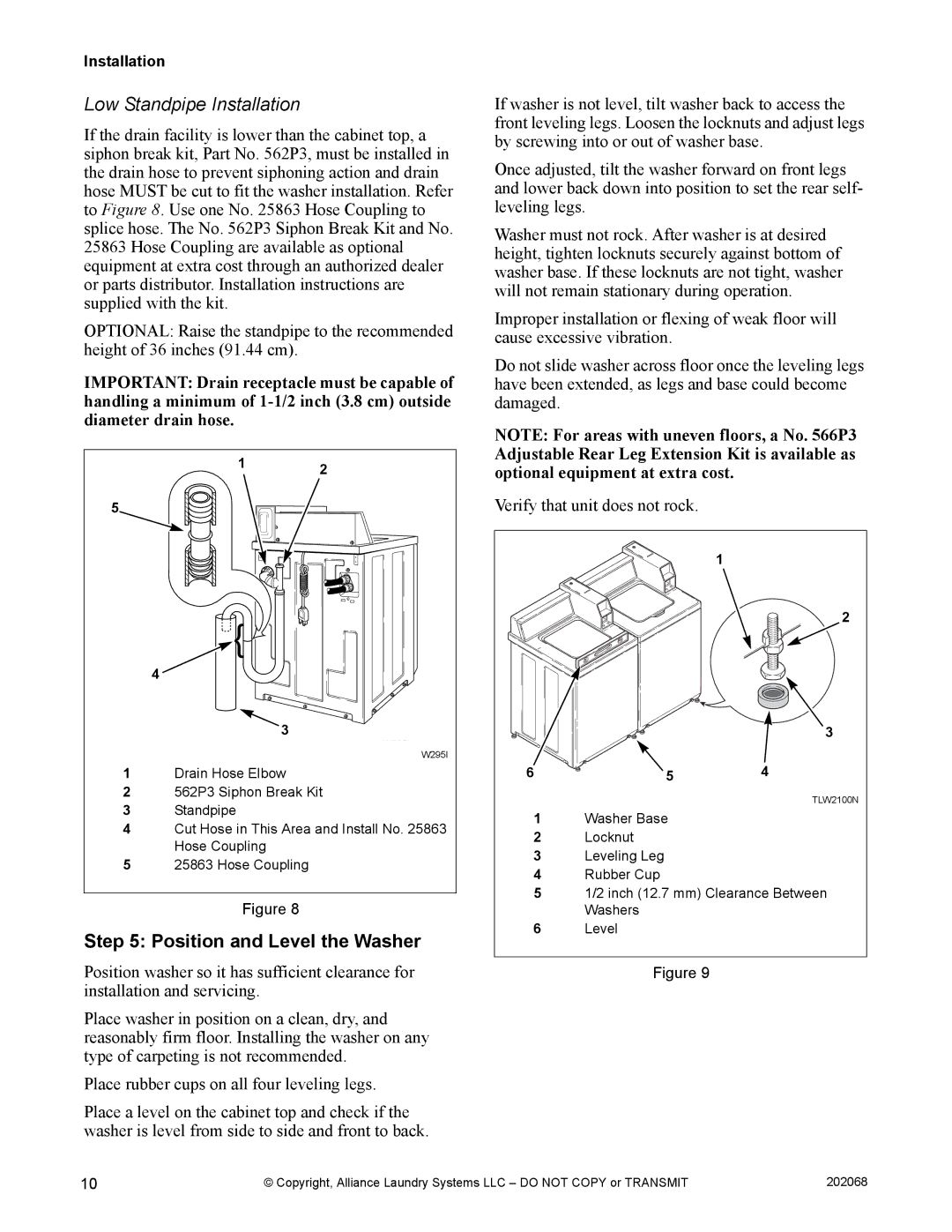 Alliance Laundry Systems TLW12CTLW12C manual Low Standpipe Installation, Position and Level the Washer 