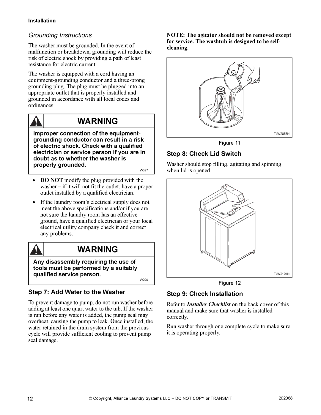 Alliance Laundry Systems TLW12CTLW12C manual Grounding Instructions, Add Water to the Washer, Check Lid Switch 