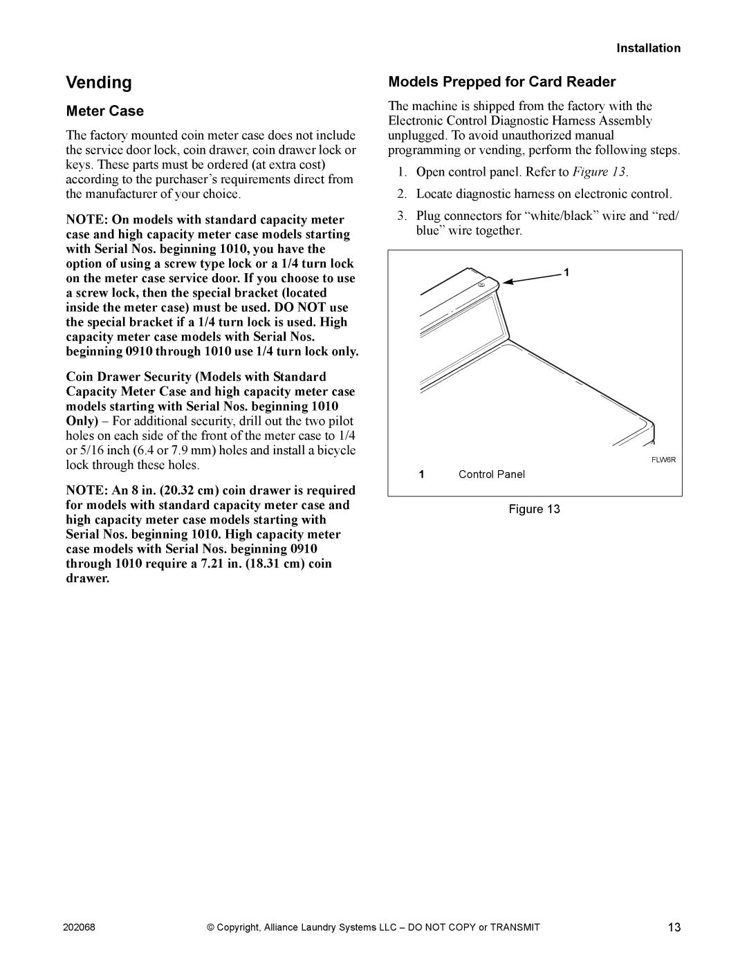Alliance Laundry Systems TLW12CTLW12C manual Vending, Meter Case, Models Prepped for Card Reader 
