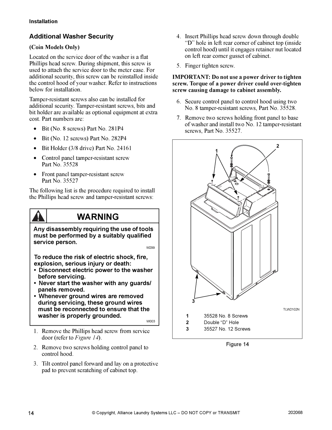 Alliance Laundry Systems TLW12CTLW12C manual Additional Washer Security, Coin Models Only 