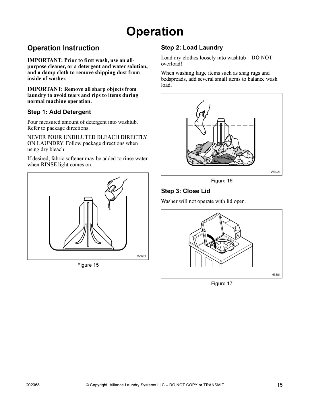 Alliance Laundry Systems TLW12CTLW12C manual Operation Instruction, Add Detergent, Load Laundry, Close Lid 