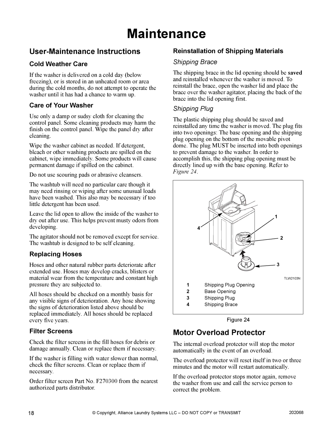 Alliance Laundry Systems TLW12CTLW12C manual User-Maintenance Instructions, Motor Overload Protector 