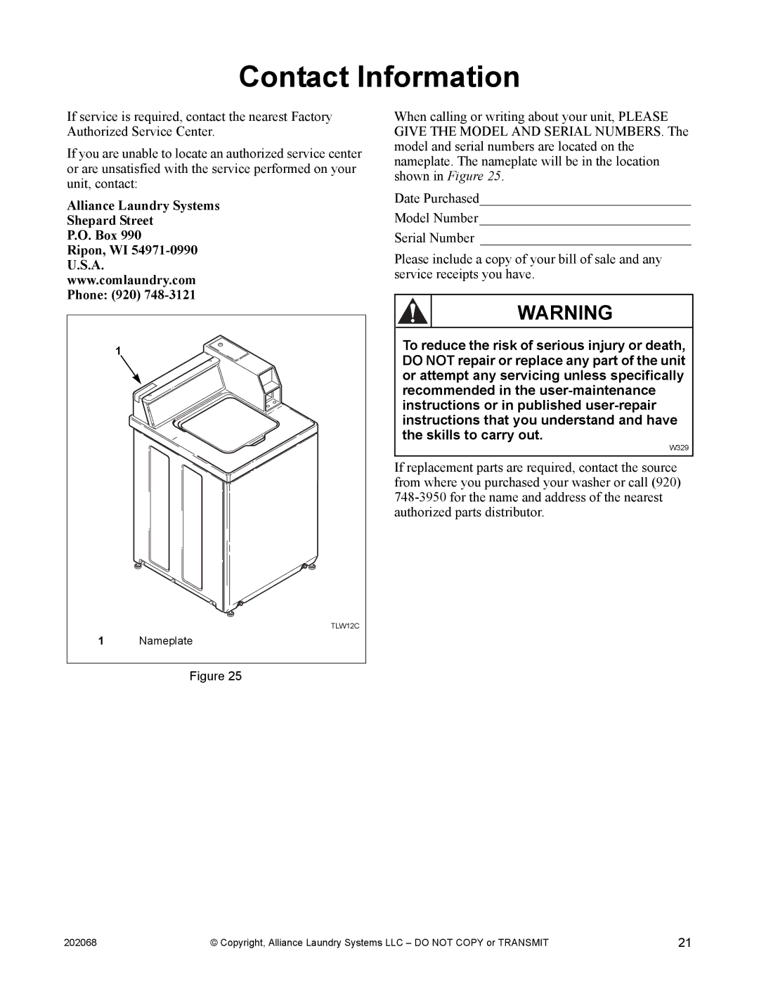 Alliance Laundry Systems TLW12CTLW12C manual Contact Information 