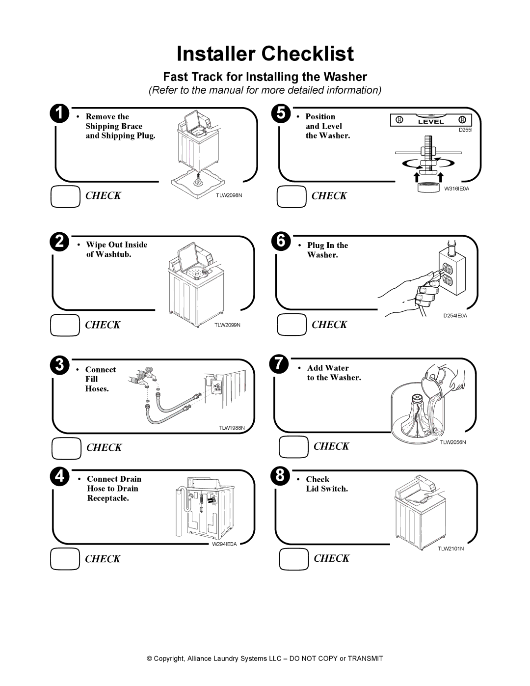 Alliance Laundry Systems TLW12CTLW12C manual Installer Checklist, Fast Track for Installing the Washer 