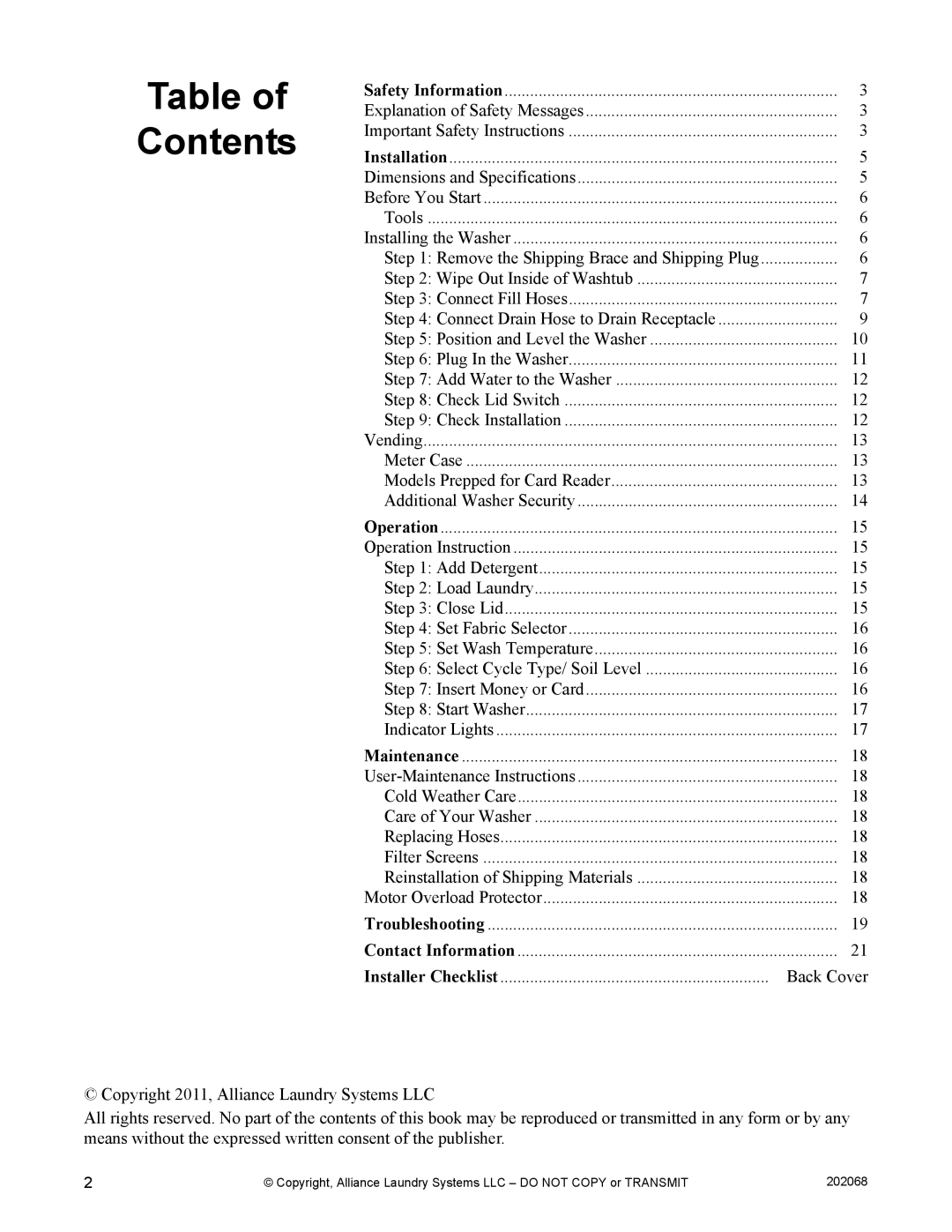 Alliance Laundry Systems TLW12CTLW12C manual Contents 