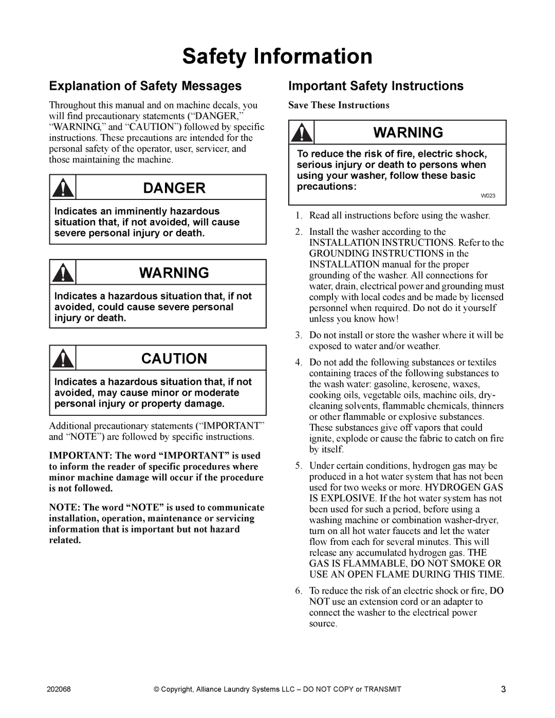 Alliance Laundry Systems TLW12CTLW12C Safety Information, Explanation of Safety Messages, Important Safety Instructions 