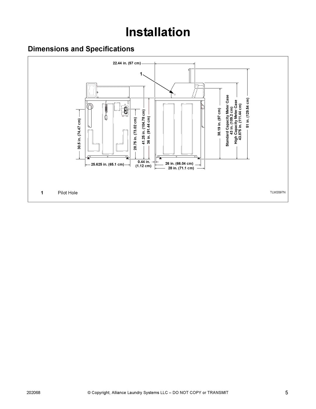 Alliance Laundry Systems TLW12CTLW12C manual Installation, Dimensions and Specifications 