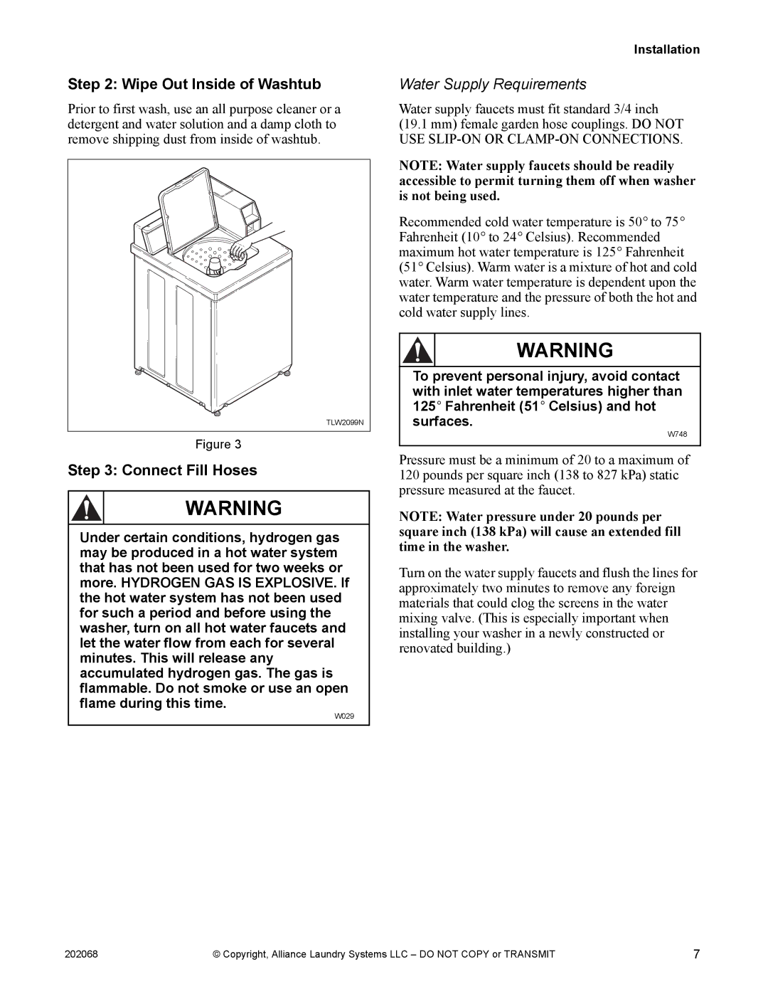 Alliance Laundry Systems TLW12CTLW12C manual Wipe Out Inside of Washtub, Connect Fill Hoses, Water Supply Requirements 