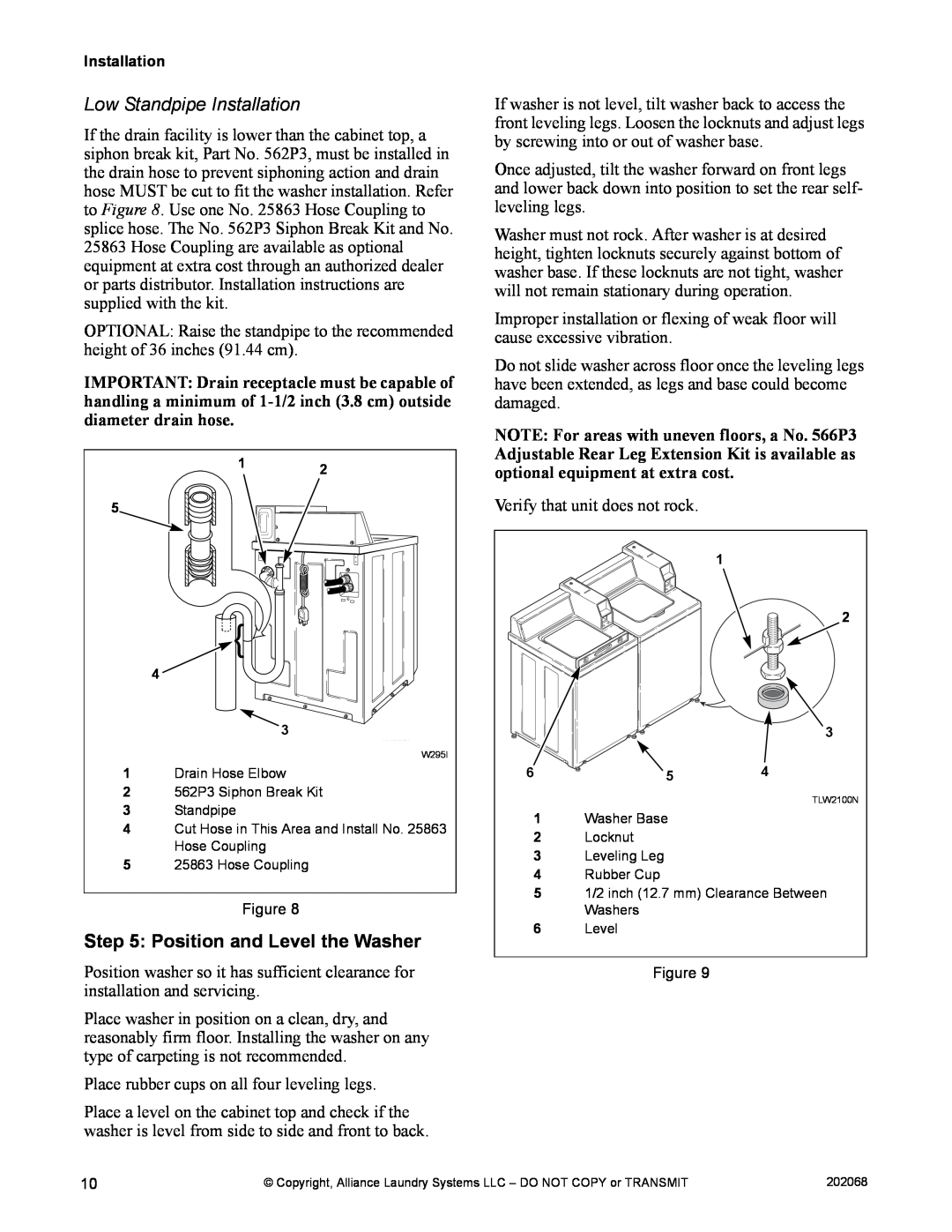 Alliance Laundry Systems TLW12CTLW12C manual Low Standpipe Installation, Position and Level the Washer 