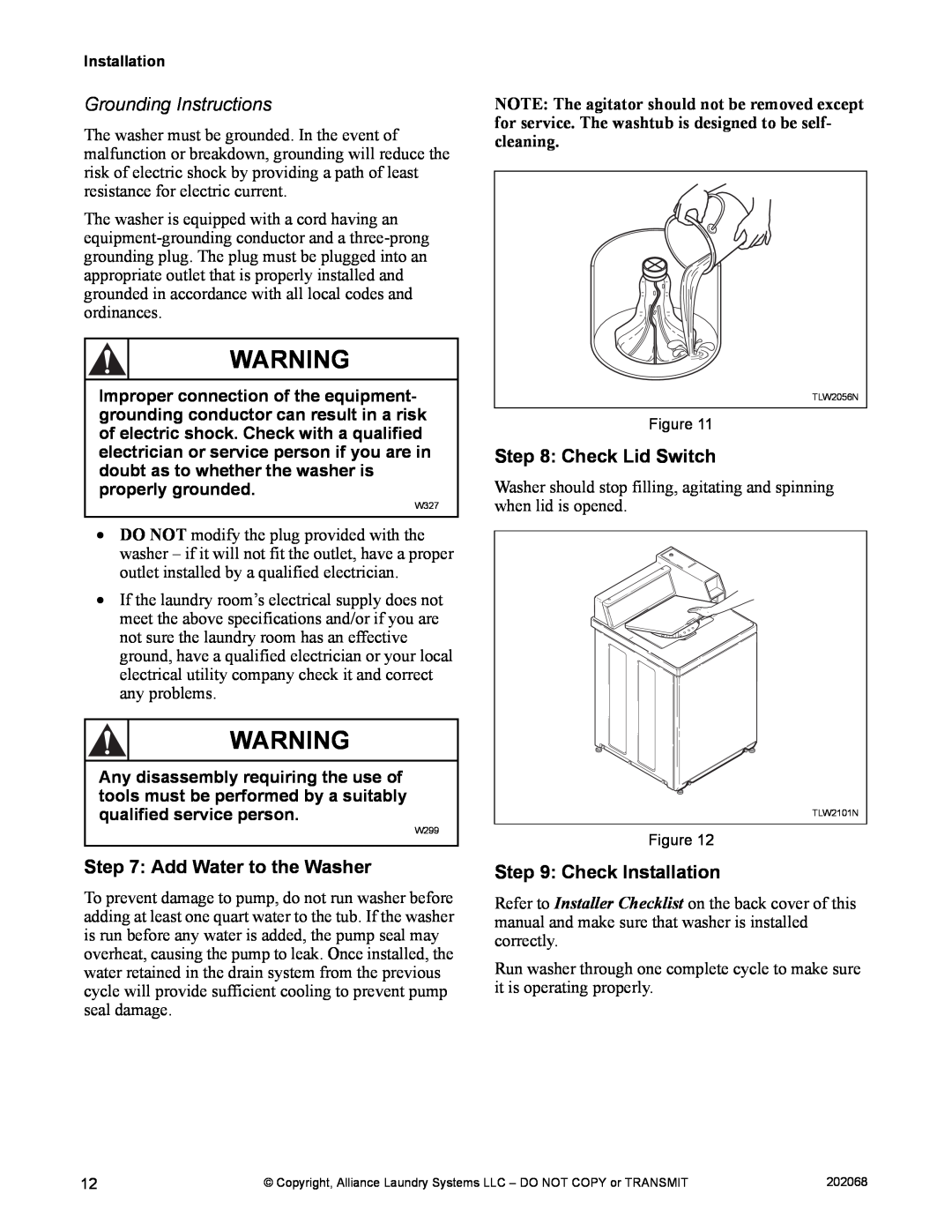 Alliance Laundry Systems TLW12CTLW12C manual Grounding Instructions, Add Water to the Washer, Check Lid Switch 