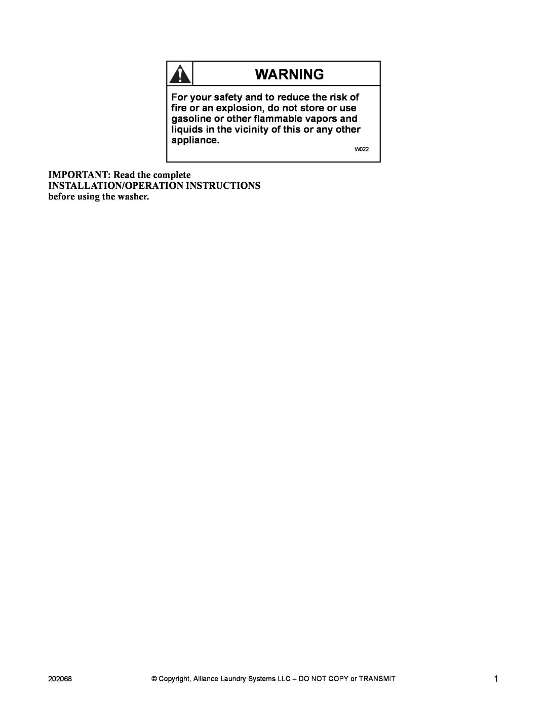 Alliance Laundry Systems TLW12CTLW12C manual IMPORTANT Read the complete, 202068, W022 