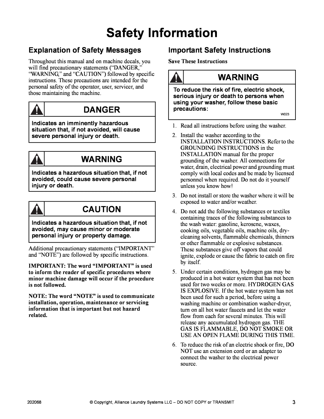 Alliance Laundry Systems TLW12CTLW12C Safety Information, Explanation of Safety Messages, Important Safety Instructions 