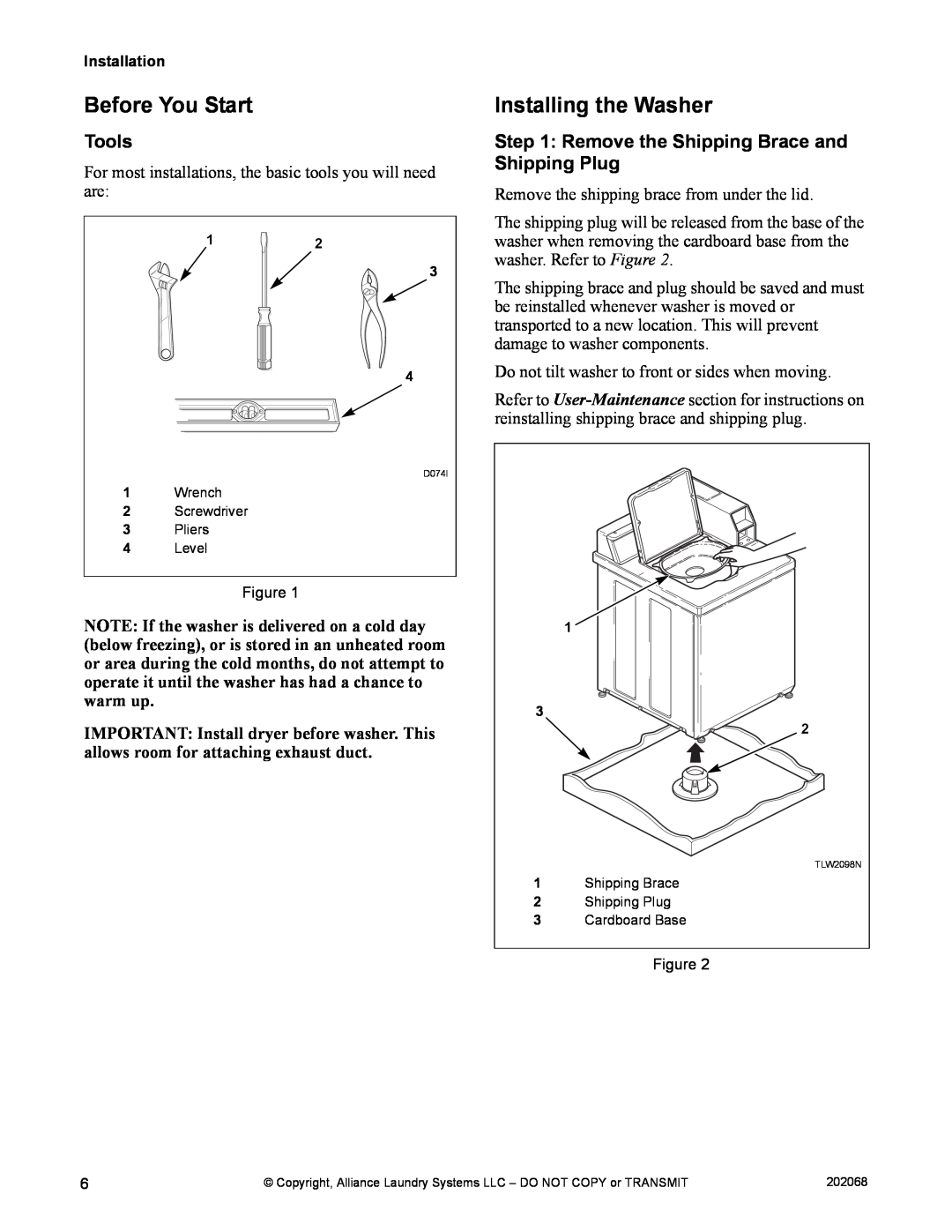Alliance Laundry Systems TLW12CTLW12C manual Before You Start, Installing the Washer, Tools 