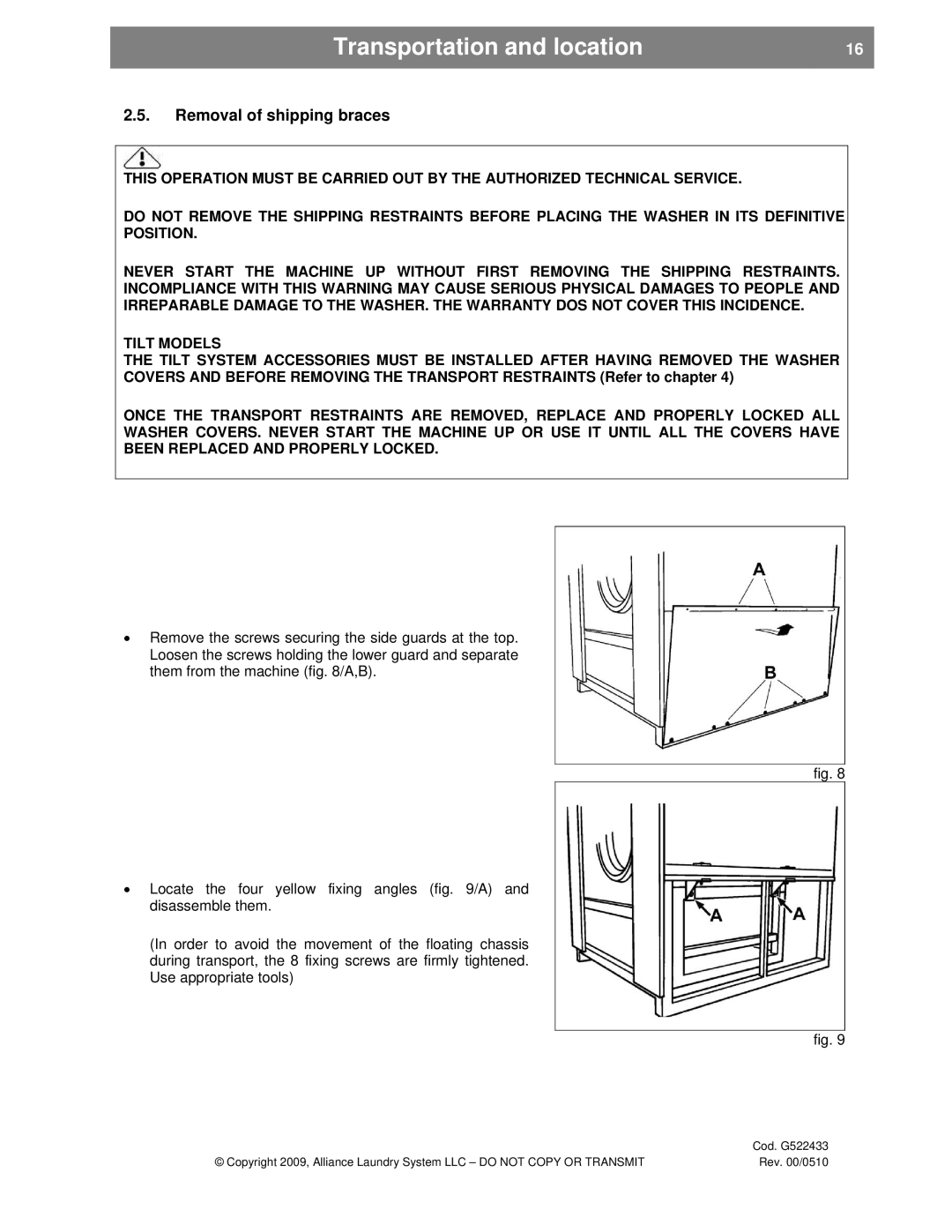 Alliance Laundry Systems UVN255P, SVN255P installation instructions Removal of shipping braces, Tilt Models 