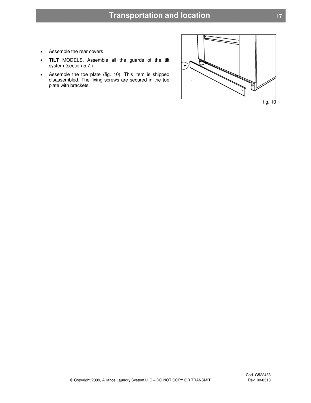 Alliance Laundry Systems SVN255P, UVN255P installation instructions Transportation and location 