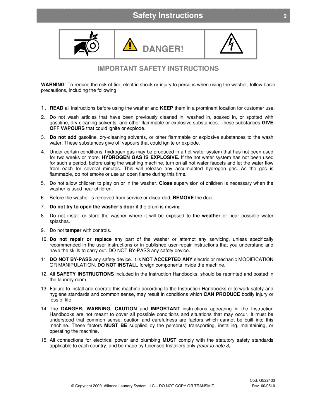 Alliance Laundry Systems UVN255P, SVN255P Safety Instructions, Do not try to open the washer’s door if the drum is moving 