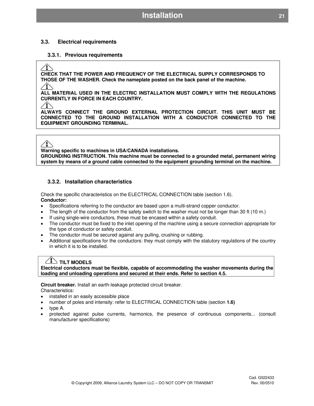 Alliance Laundry Systems SVN255P, UVN255P Installation21, Electrical requirements Previous requirements, Conductor 