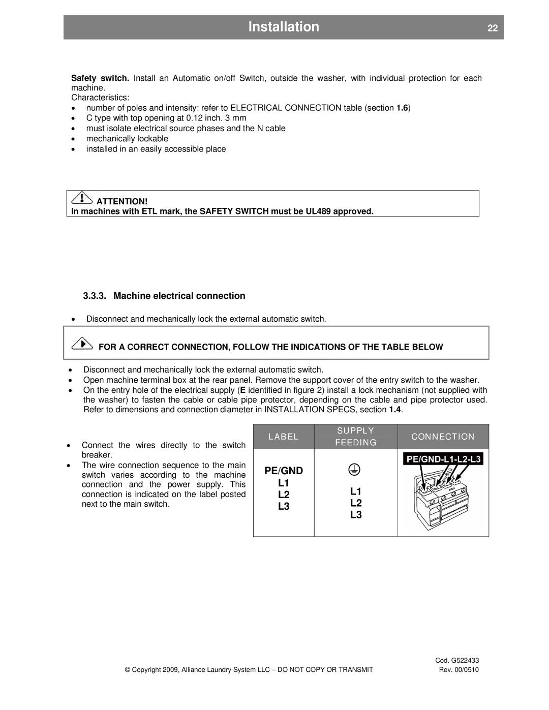 Alliance Laundry Systems UVN255P, SVN255P installation instructions Installation22, Pe/Gnd, Machine electrical connection 