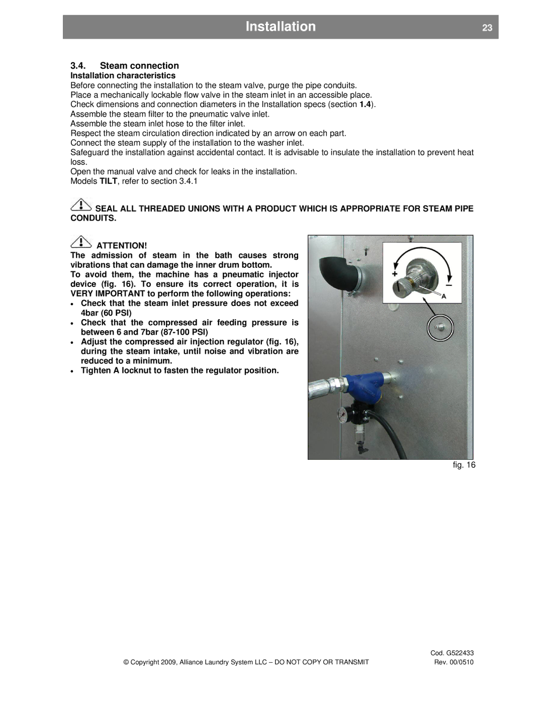 Alliance Laundry Systems SVN255P, UVN255P Installation23, Steam connection, Installation characteristics 