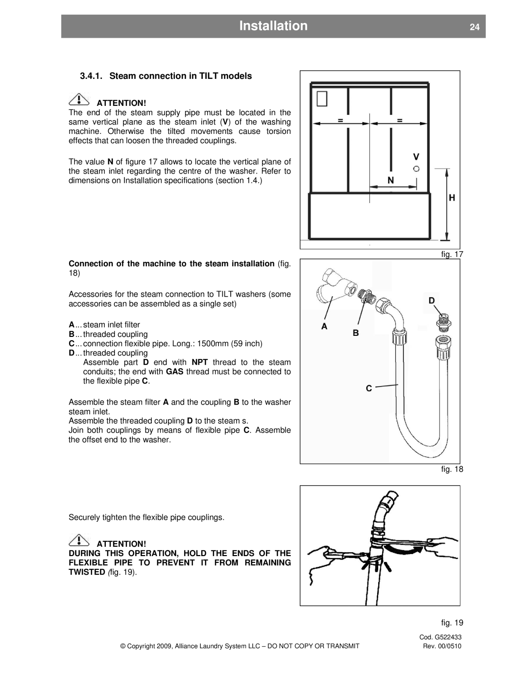 Alliance Laundry Systems UVN255P, SVN255P installation instructions Installation24, Steam connection in Tilt models 