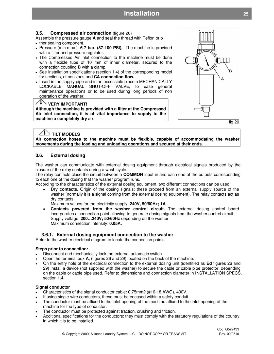 Alliance Laundry Systems SVN255P Installation25, Compressed air connection figure, External dosing, Very Important 