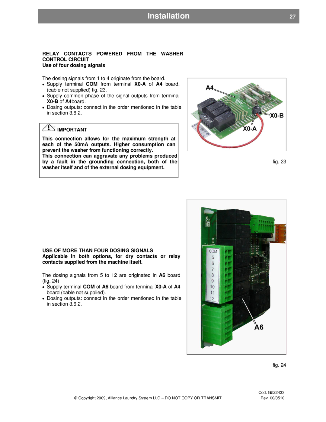 Alliance Laundry Systems SVN255P, UVN255P Installation27, Relay Contacts Powered from the Washer Control Circuit 