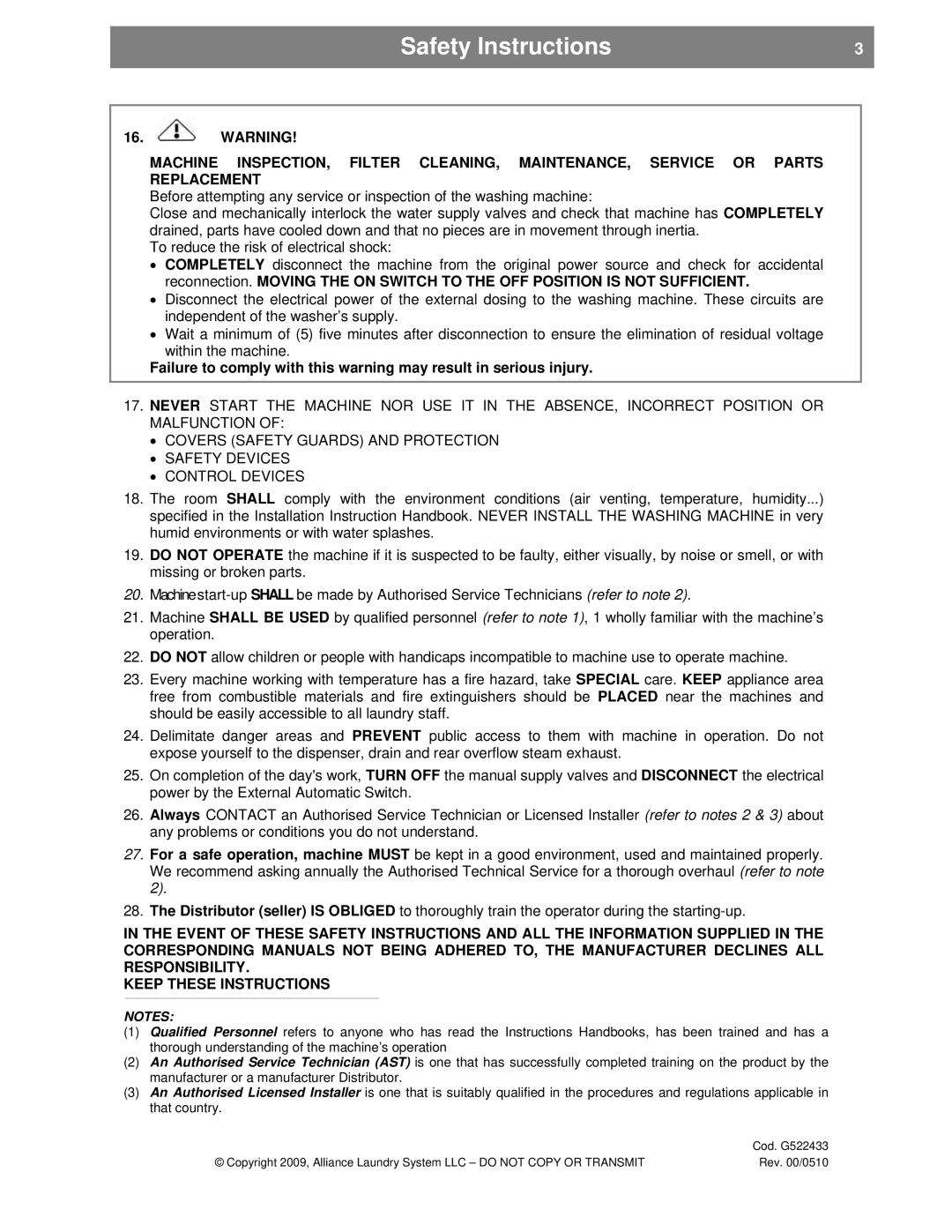 Alliance Laundry Systems SVN255P, UVN255P installation instructions Safety Instructions 