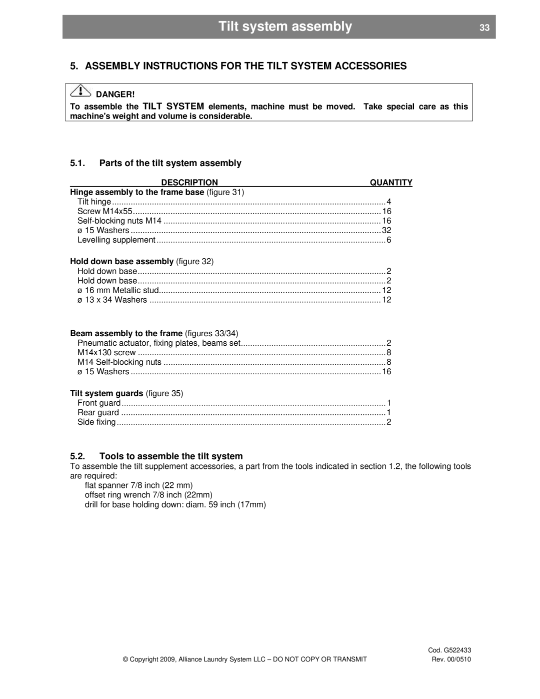 Alliance Laundry Systems SVN255P Tilt system assembly, Assembly Instructions for the Tilt System Accessories, Description 