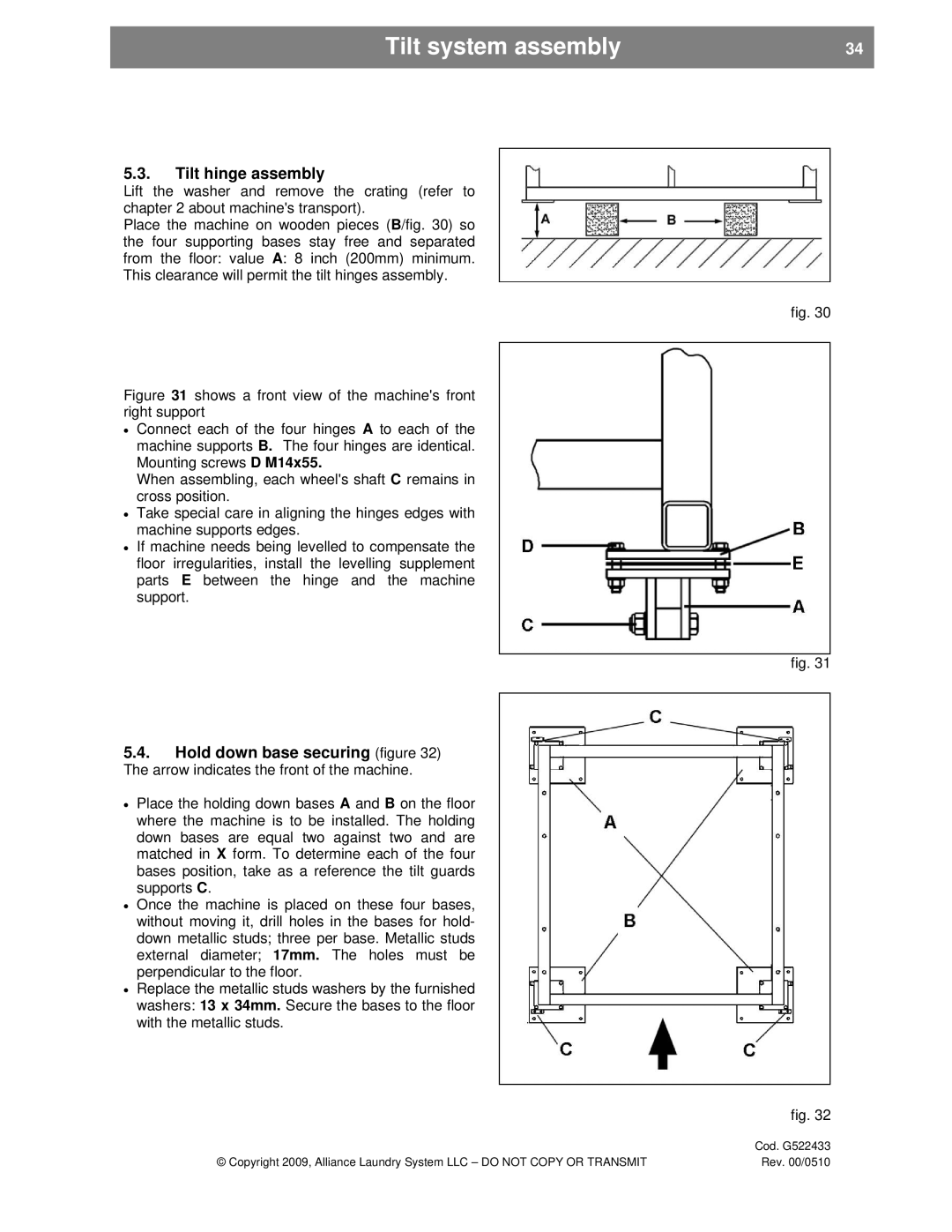 Alliance Laundry Systems UVN255P, SVN255P installation instructions Tilt hinge assembly 