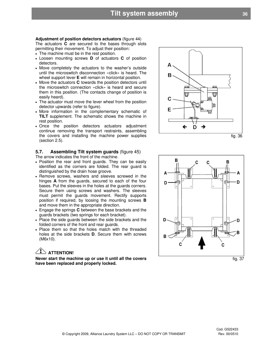 Alliance Laundry Systems UVN255P, SVN255P installation instructions Assembling Tilt system guards figure 