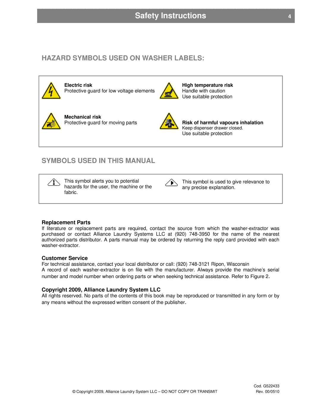 Alliance Laundry Systems UVN255P, SVN255P Replacement Parts, Customer Service, Copyright 2009, Alliance Laundry System LLC 